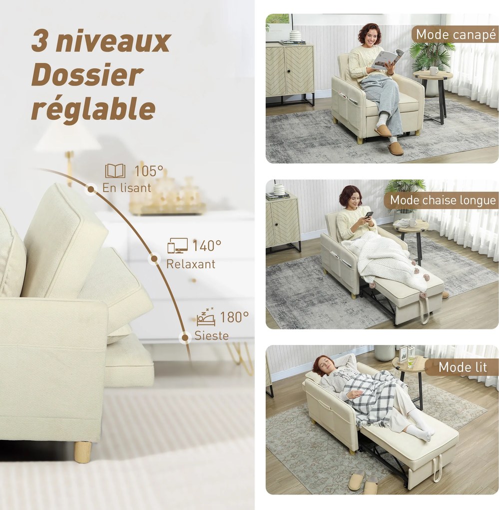 Poltrona-Cama Convertível de 1 Lugar, 85,5 x 74 x 82 cm, Transformação 3 em 1, Bege