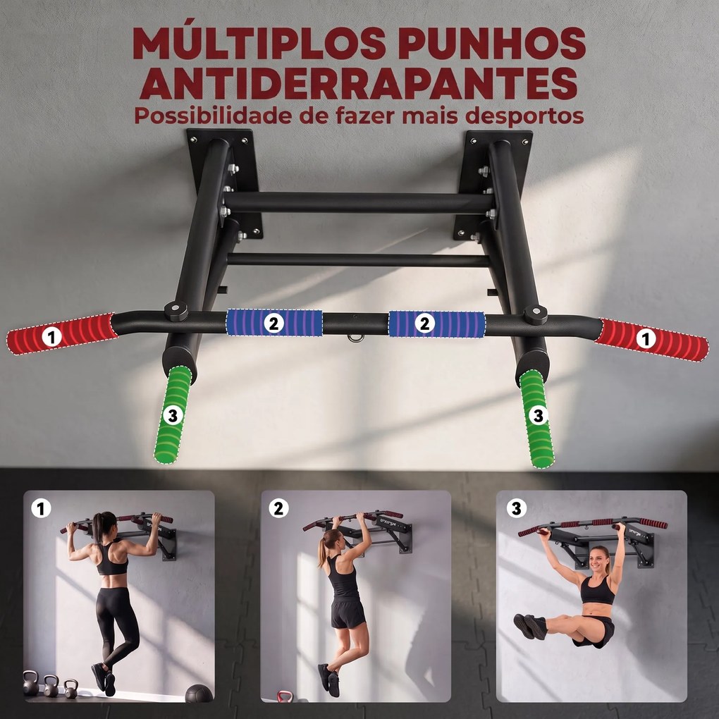 Barra de Elevações de Parede Dobrável com 3 Argolas para Bandas de Resistência, Pegas Antiderrapantes, Carga 120 kg