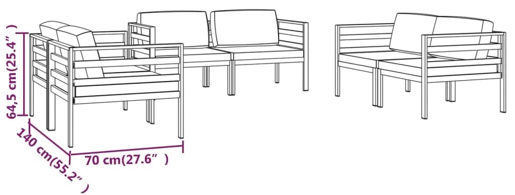 6 pcs conjunto lounge jardim com almofadões alumínio antracite