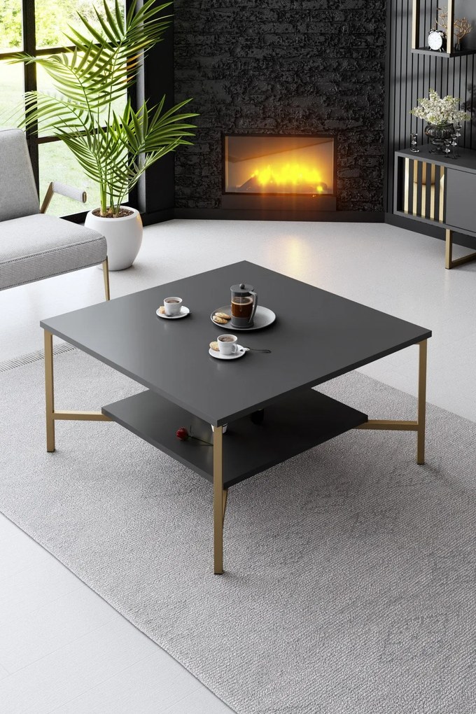 Mesa de Centro Gold Line – Antracite e Preto – 80 x 80 x 40 cm