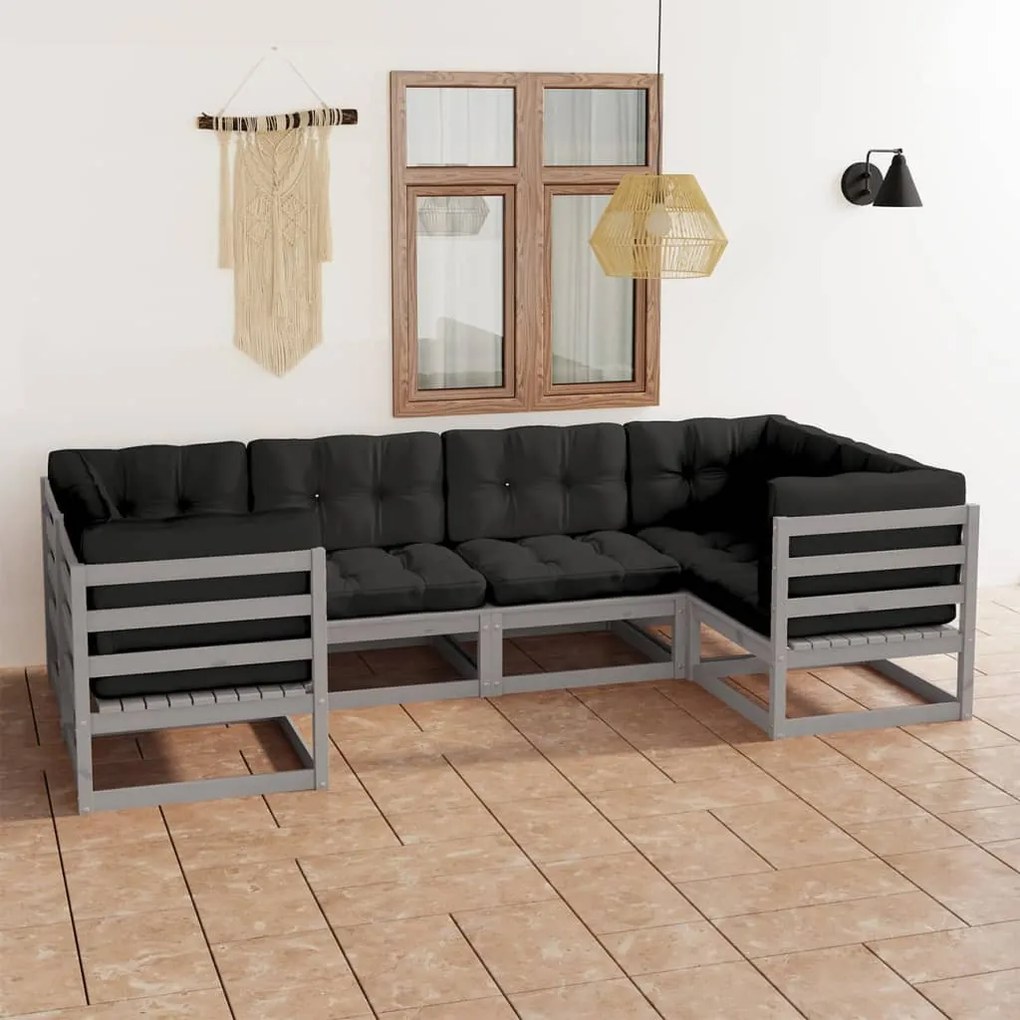 6pcs conjunto lounge de jardim c/ almofadões pinho maciço cinza