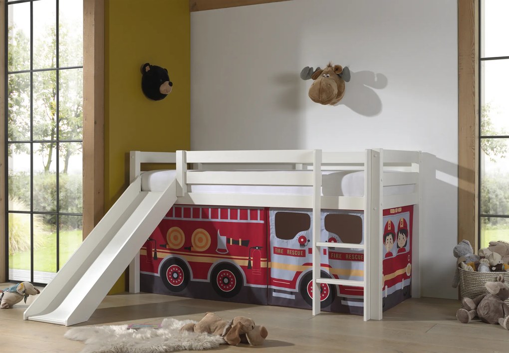 Cama alta de Criança PINO 90 x 200 cm + estrado + escada + escorrega + cortina Bombeiros Branca