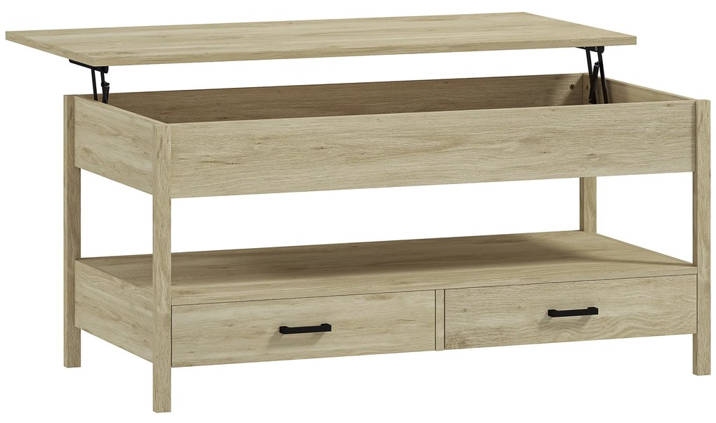 HOMCOM Mesa de Centro com Bancada Elevável Espaço Oculto de Armazenamento Gavetas e Prateleira Aberta 100x50x48-62 cm Carvalho | Aosom Portugal