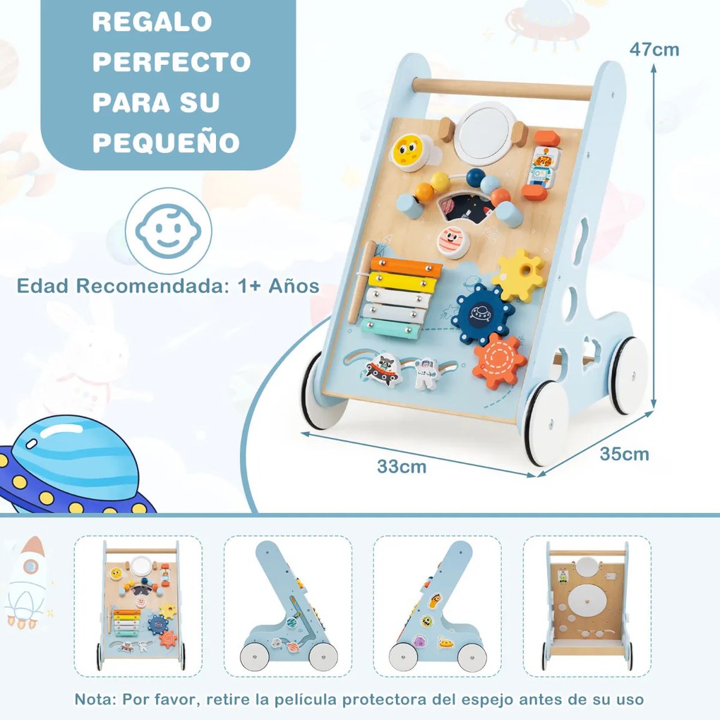 Andarilho de Madeira para Bebés Centro de Atividades de Aprendizagem para Empurrar e Puxar Azul