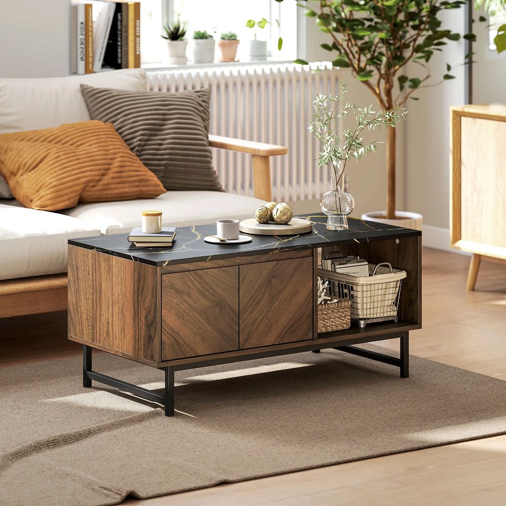 Mesa de centro, mesa de sala, tampo com efeito de mármore, 2 portas e 2 compartimentos abertos, 100 x 50,8 x 45,7 cm, cor nogueira