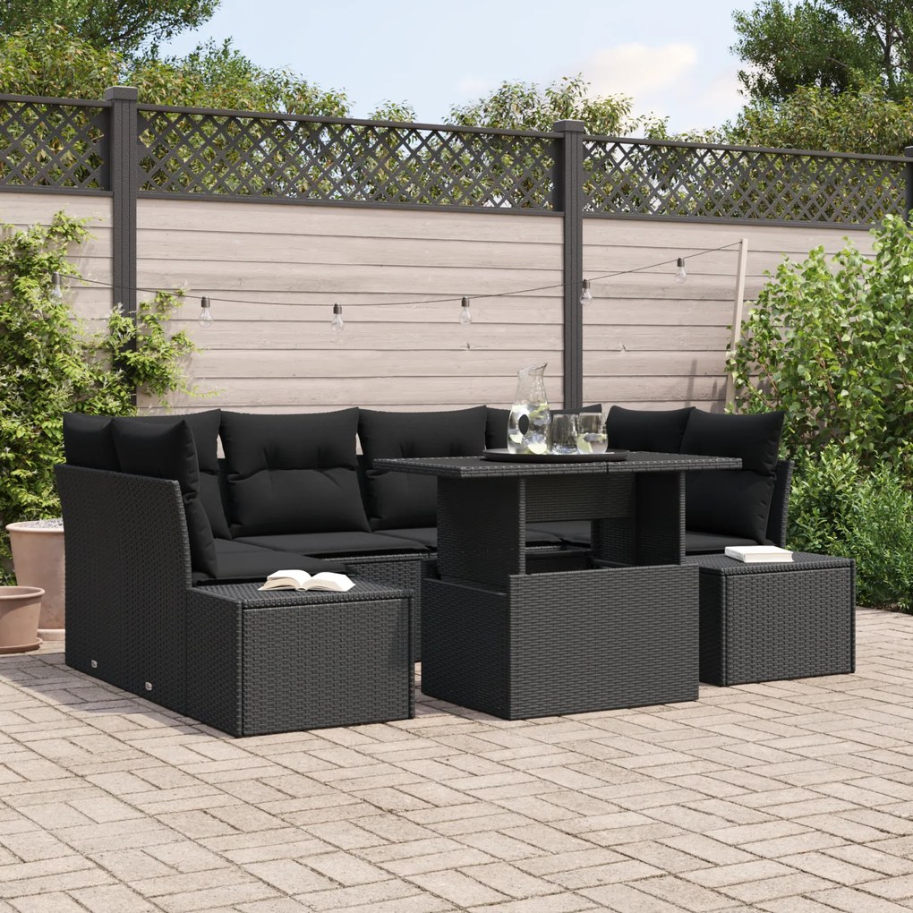 Conjunto de Sofás de Jardim de 7 Peças com Almofadas Preto Vime