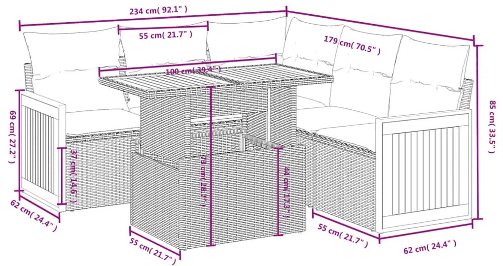 6 pcs conjunto de sofás p/ jardim com almofadões vime PE bege