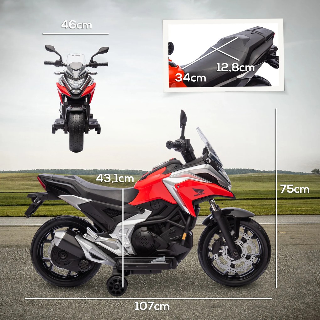 Moto Elétrica para Crianças de 3-6 Anos com Licença Honda com USB MP3 Luz LED e Velocidade 3 km/h Carga 30 kg Vermelho
