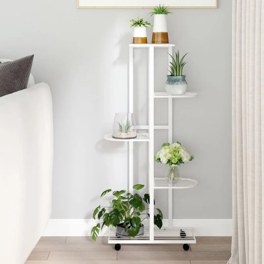 343118 vidaXL Suporte vasos c/ 5 prateleiras e rodas 44x23x100cm ferro branco
