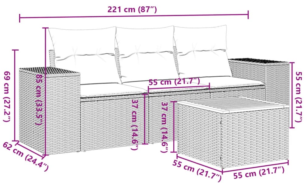 4 pcs conjunto de sofás para jardim c/ almofadões vime PE bege