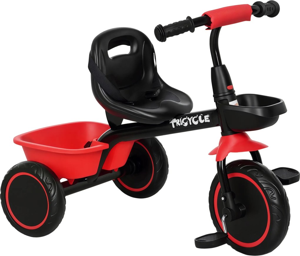 Triciclo evolutivo para crianças com assento ajustável, pedais, 2 cestos e cinto de segurança, para crianças dos 2 aos 5 anos, vermelho e preto