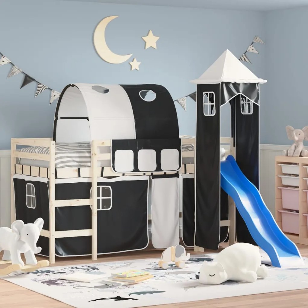 VidaXL Cortinas para cama elevada com túnel e torre branco e preto