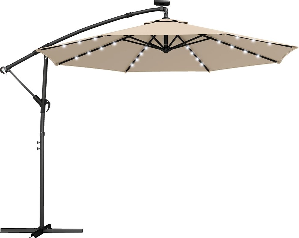 Outsunny Guarda-sol Suspenso LED Solar aprox. Ø300 cm Rotativo Guarda-sol com Manivela Base Capa Protetora Bege | Aosom Portugal