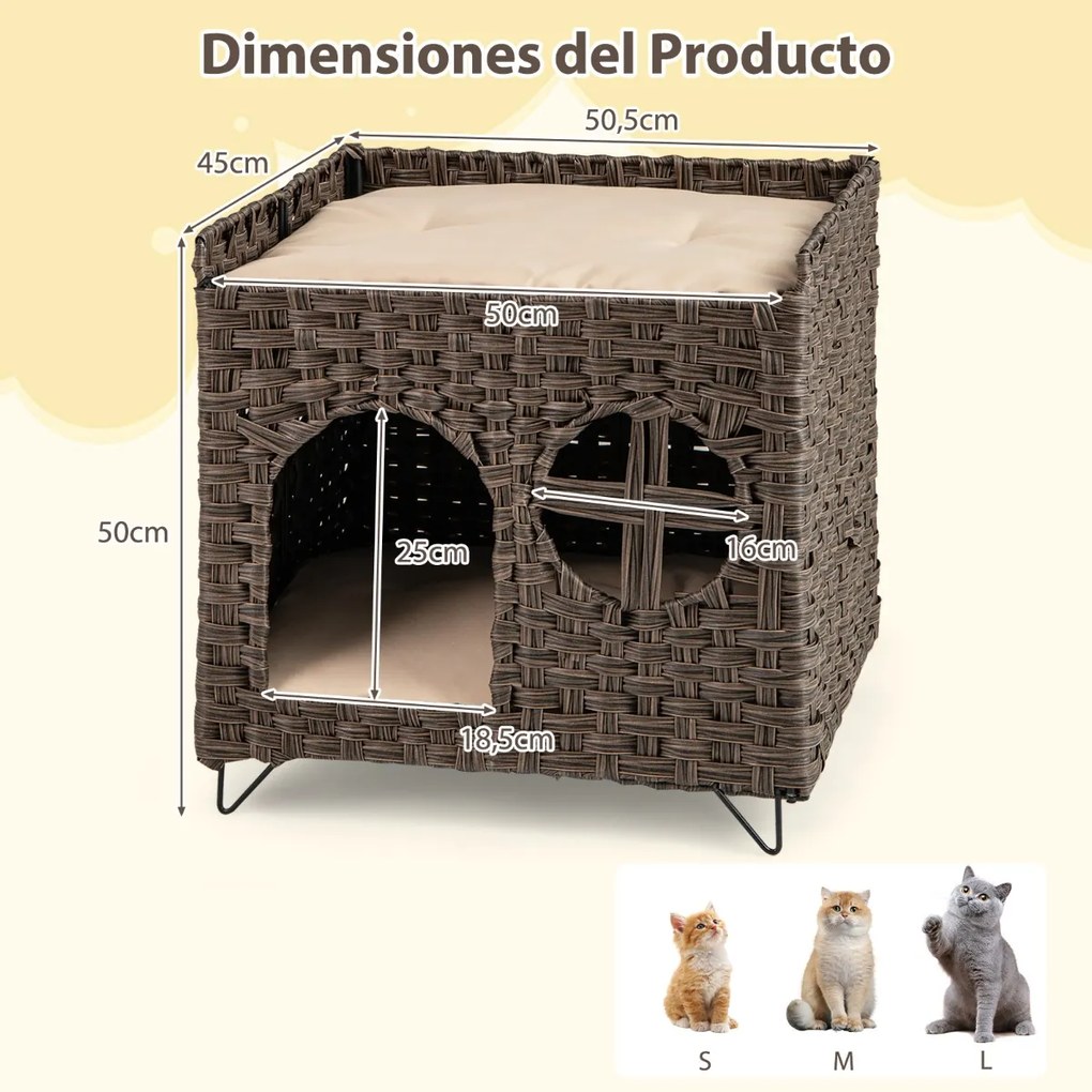 Casa de rattan para gatos de 2 andares com caverna escondida, plataforma superior e 2 almofadas macias castanho.