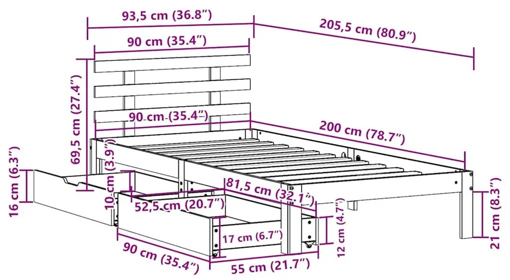 Estrutura de cama c/ gavetas 90x200cm pinho maciço castanho-mel