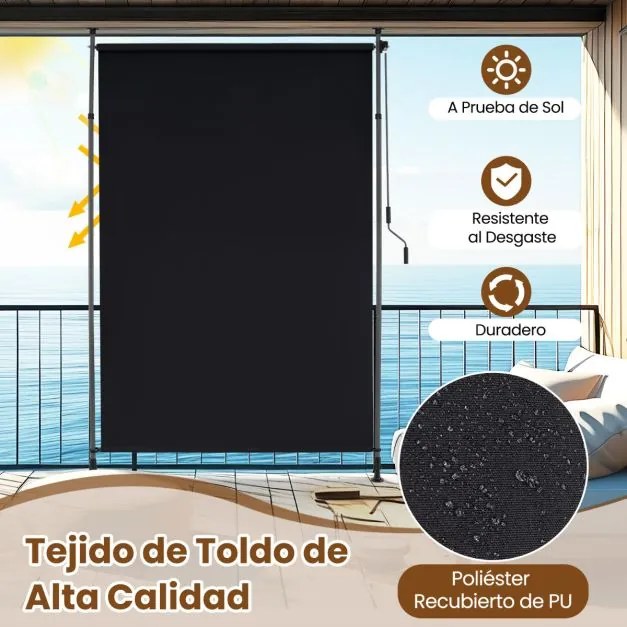 Toldo retrátil vertical 200 x 220-310 cm enrolável para exterior com altura ajustável com manivela para varanda ou piscina Preto