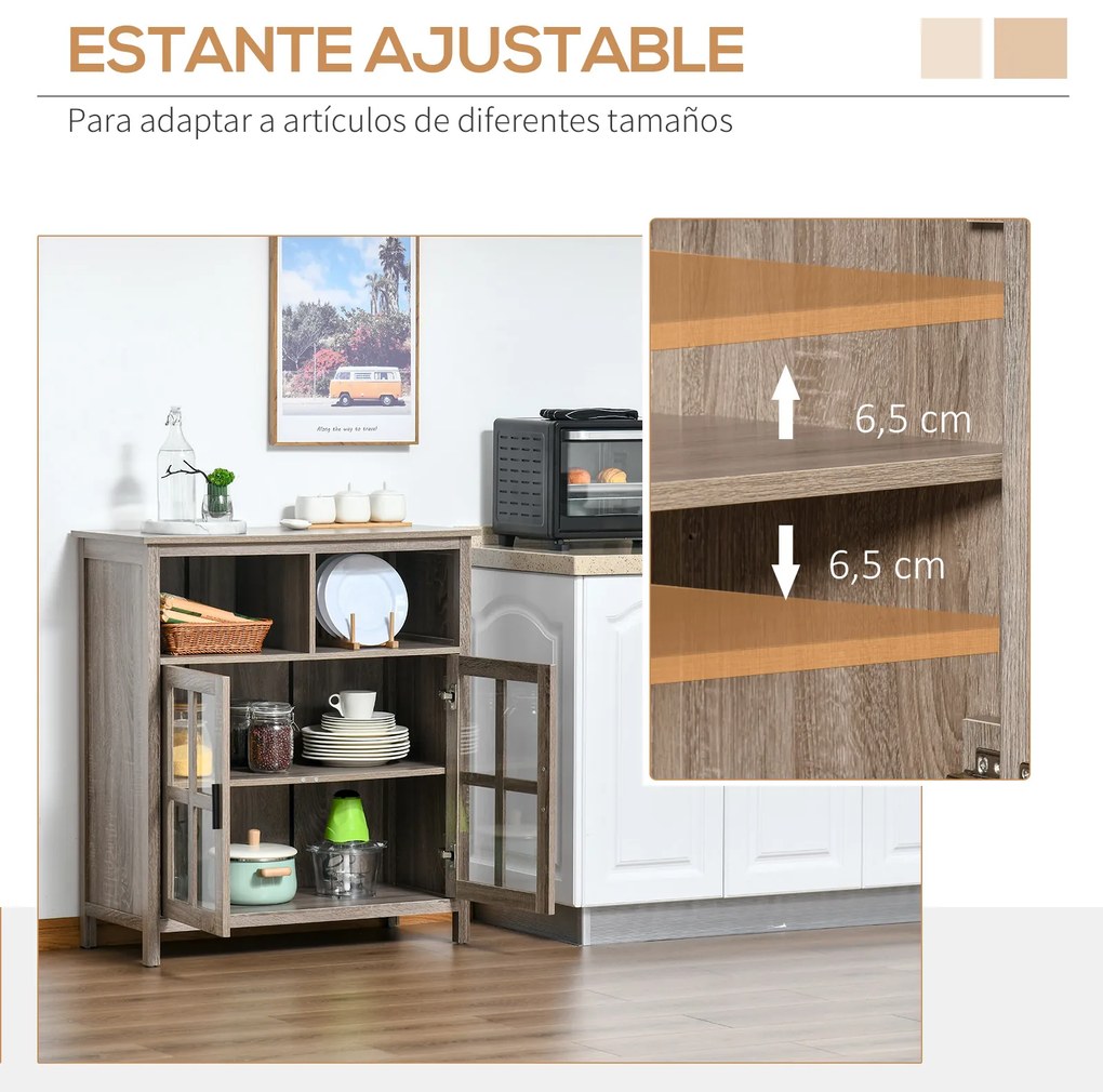 HOMCOM Aparador de Cozinha Armário Buffet com 2 Portas de Vidro e 2 Compartimentos Abertos Móvel Auxiliar de Armazenamento para Sala de Jantar Sala de Estar 90x40x100cm Carvalho