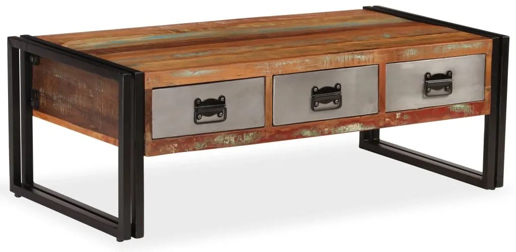 Mesa de centro 3 gavetas madeira recuperada maciça 100x50x35 cm