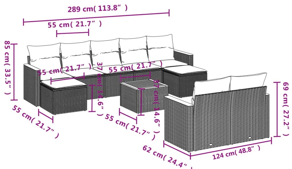 10 pcs conjunto sofás de jardim c/ almofadões vime PE preto