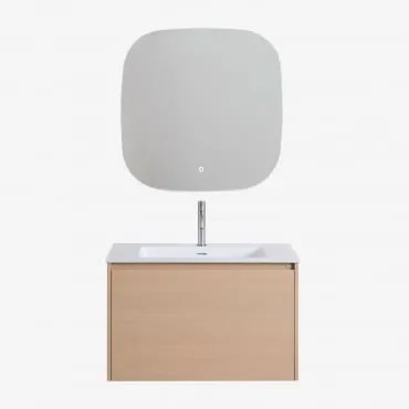 Conjunto De Móvel De Casa De Banho Suspenso Em Madeira Com Lavatório Integrado Jacob Madeira Natural & Quadrado Led E Anti-embaciamento - Sklum