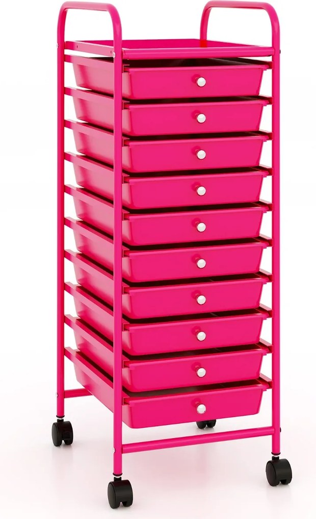 Carrinho multifuncional com rodas e 10 gavetas removíveis com estrutura metálica e gavetas empilháveis 33 x 37 x 86 cm Rosa escuro
