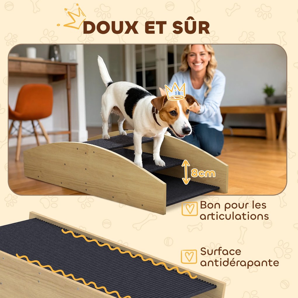 Balança de agilidade para cães reversível 2 em 1, escada para cães com 3 degraus em madeira, 80 x 39,5 x 20 cm, madeira natural