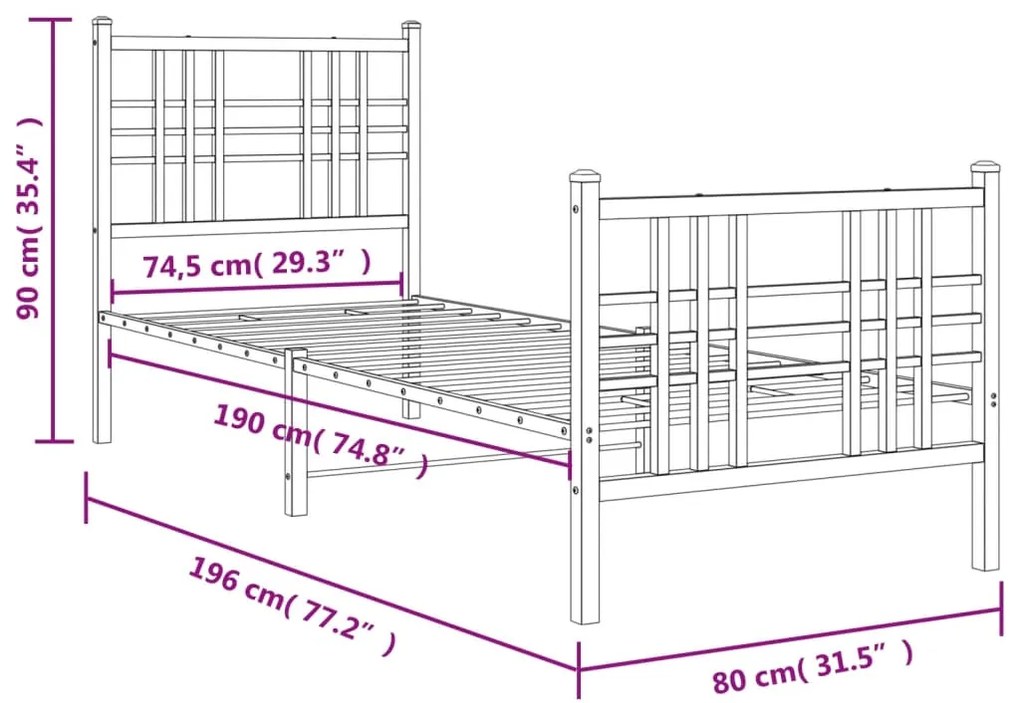 Estrutura de cama com cabeceira e pés 75x190 cm metal branco