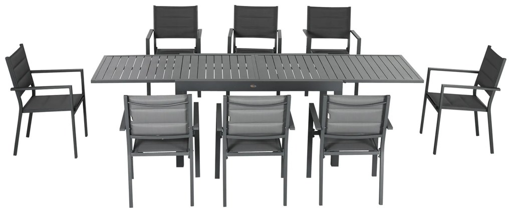Outsunny Conjunto Móveis de Jardim 9 Peças Conjunto de Refeição para Varanda com Mesa Extensível 8 Cadeiras Empilháveis Estrutura de Alumínio e Assento de Textilene 135-270x89x74cm Cinza