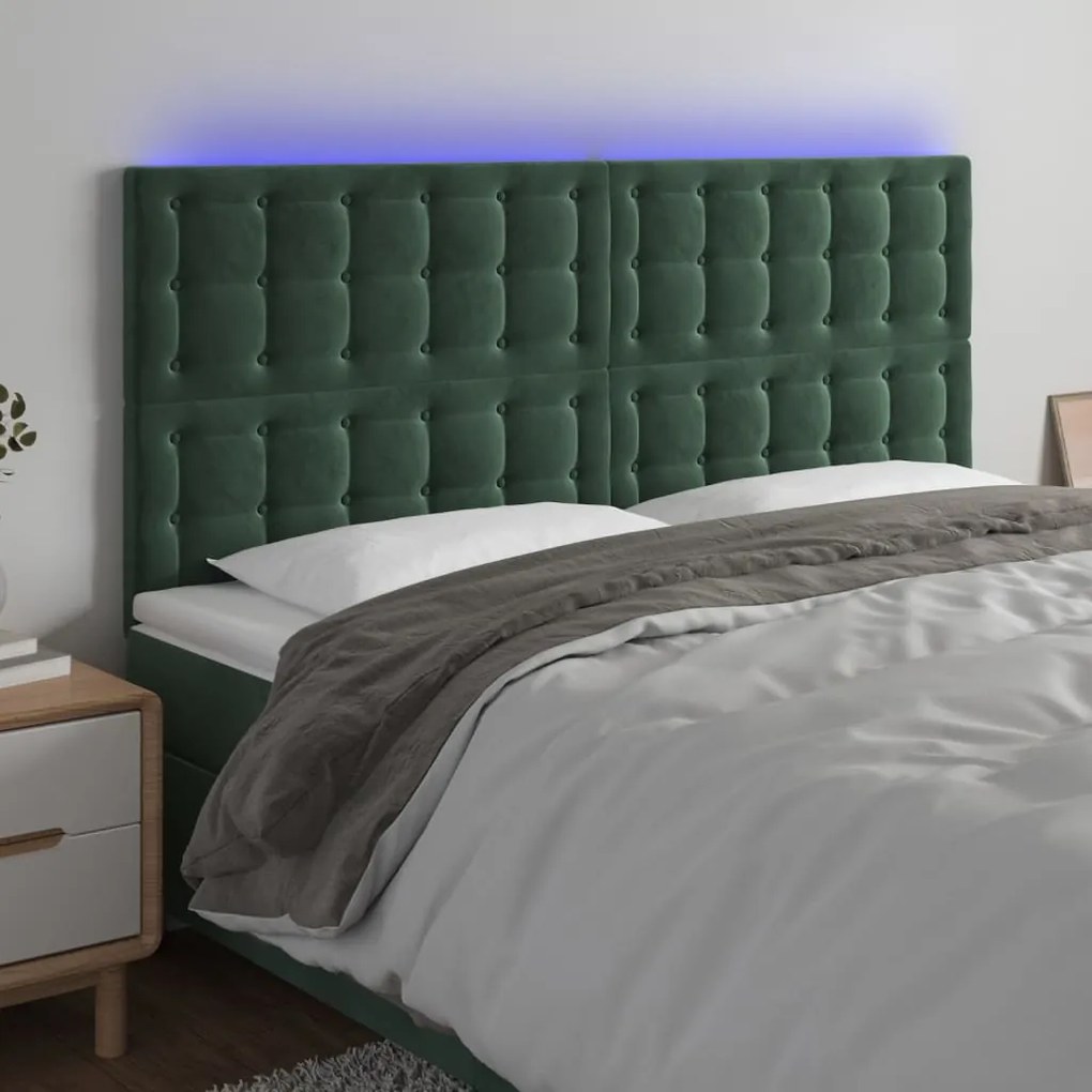 vidaXL Cabeceira de cama c/ LED veludo 180x5x118/128 cm verde-escuro