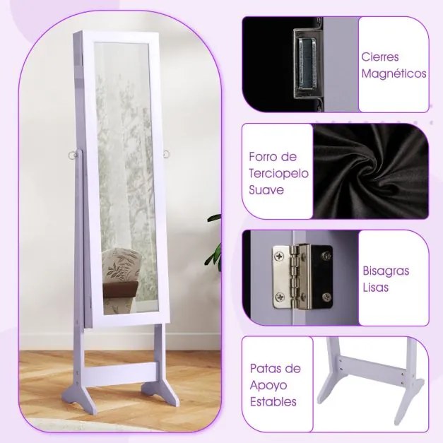 Armário Joias com Espelho de Corpo Inteiro e 3 Ângulos Reguláveis Organizador de Jóias 2 em 1 35 x 30 x 144 cm Violeta