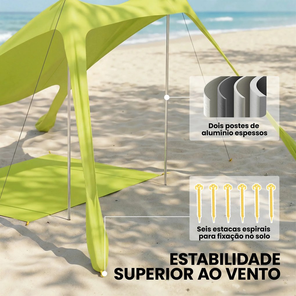 Tenda de Praia Dobrável com Tapete UPF50+ Postes de Alumínio Pá Estacas e Bolsa de Transporte 208x200 cm Verde