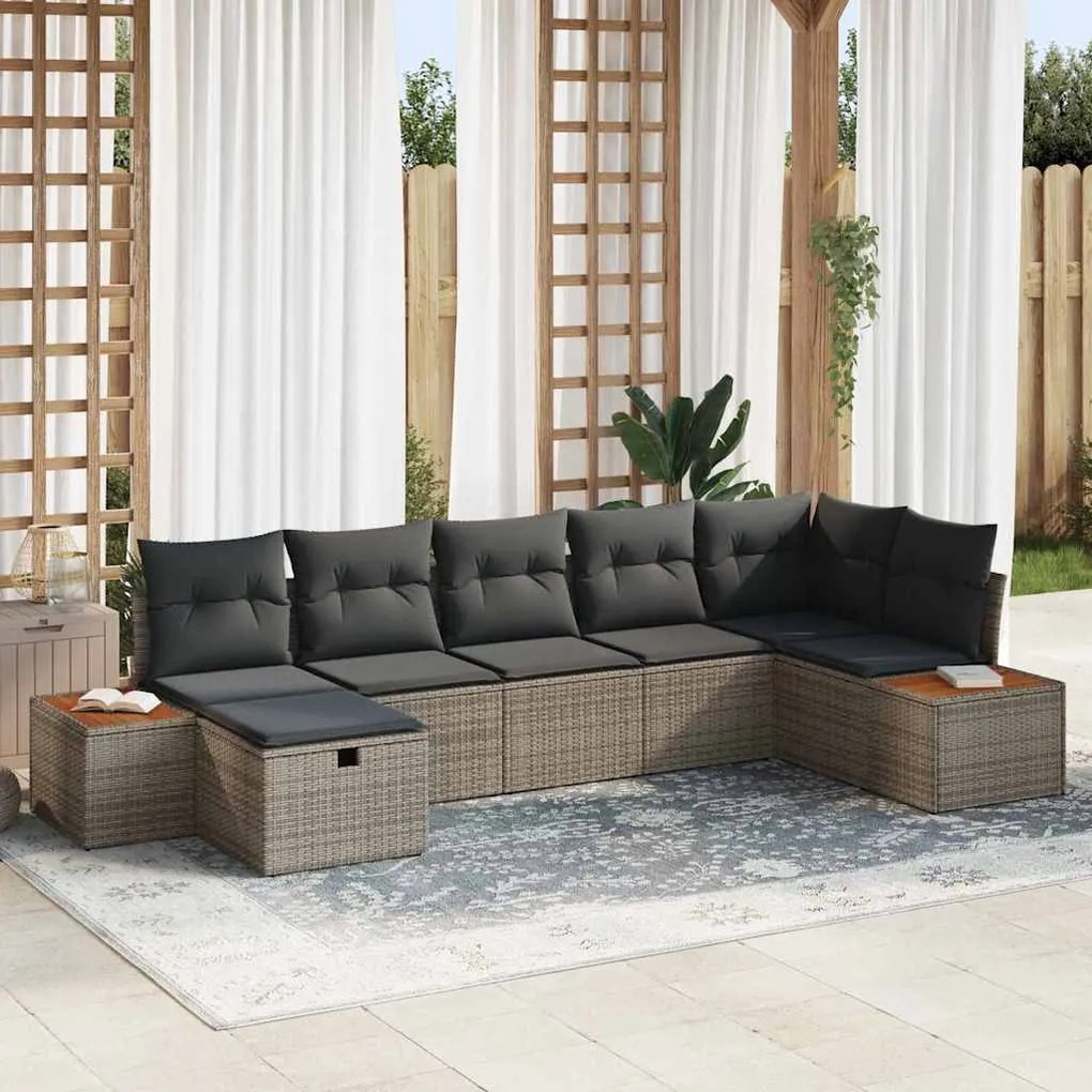 vidaXL Conjunto de Sofá de Jardim 7 Peças com Almofadas Cinzas em Rattan de Poliéster