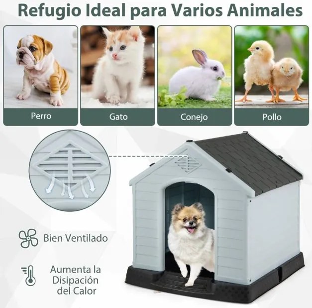 Casota de plástico para cães com piso elevado e válvulas de ar, ideal para cães pequenos e médios branco e cinza