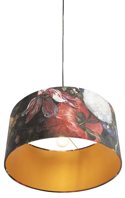 Candeeiro de suspensão com abajur de veludo flores com dourado 50 cm - Combi Clássico / Antigo