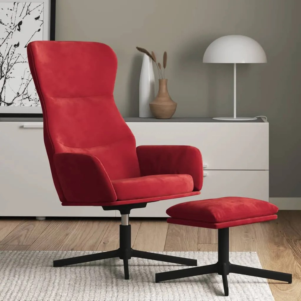 vidaXL Cadeira de descanso com banco veludo vermelho tinto