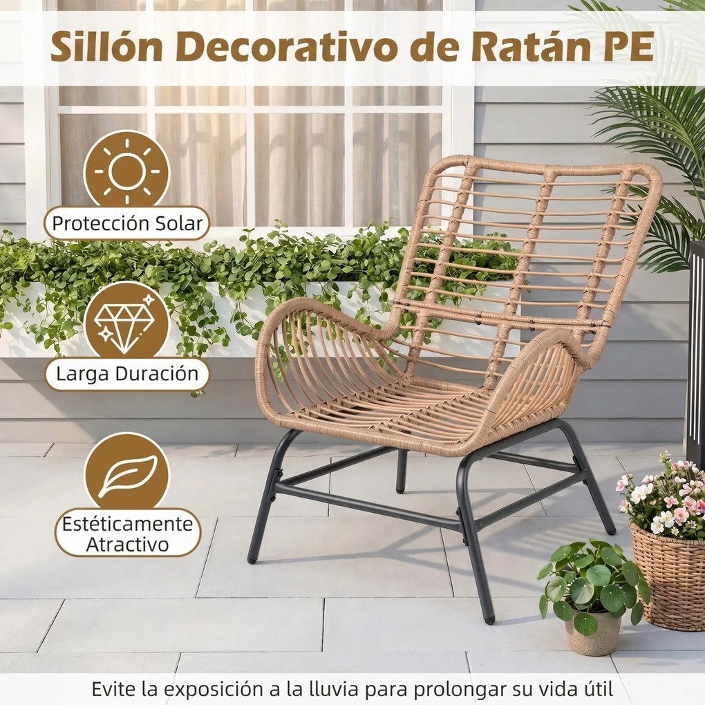 Conjunto de 2 cadeiras jardim de rattan para exterior com almofada grossa removível, encosto alto e braços de metal para terraço, com capacidade de 17