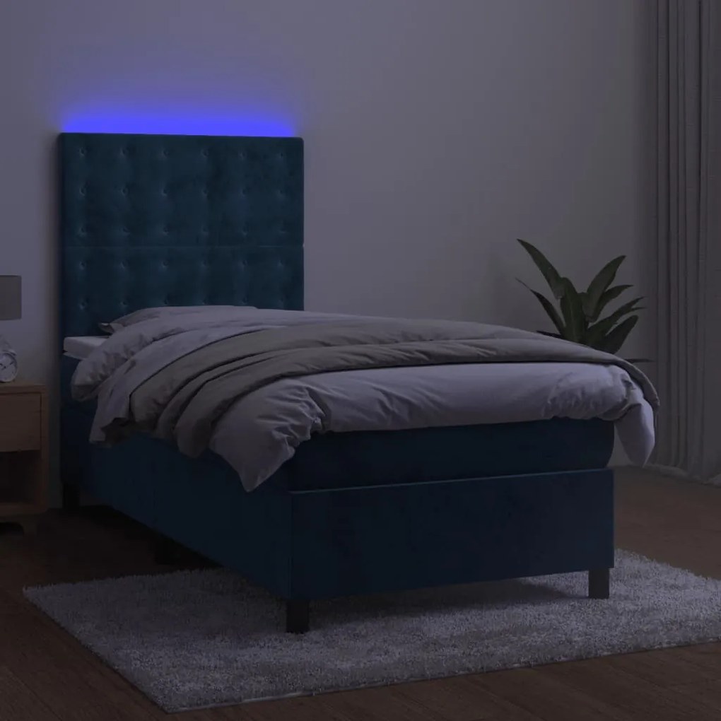 Cama box spring c/ colchão/LED 90x190 cm veludo azul-escuro