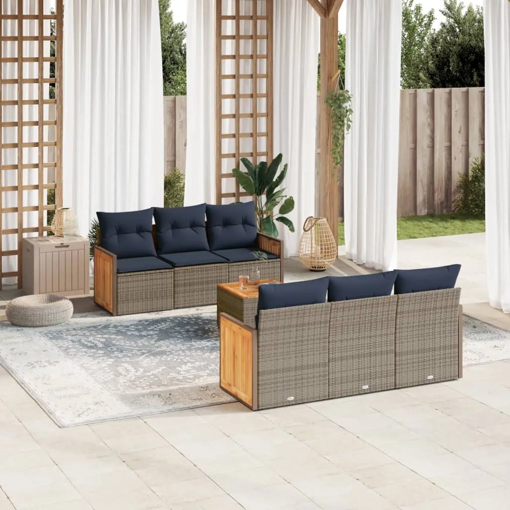 vidaXL 7 pcs conjunto sofás p/ jardim c/ almofadões vime PE cinzento
