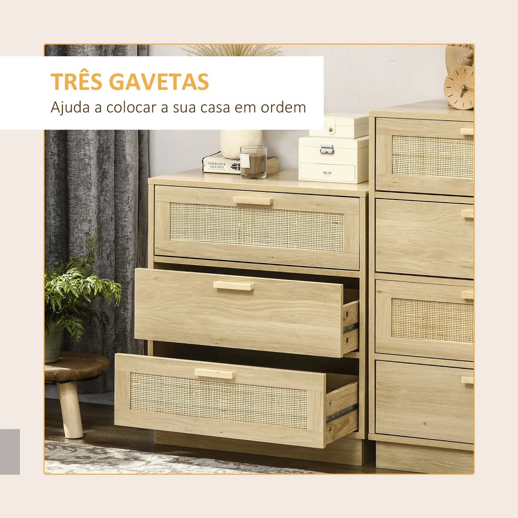 HOMCOM Cómoda com 3 Gavetas de Vime Cómoda de Madeira para Dormitório Sala de Estar Estilo Boêmio 60x38x69 cm Madeira