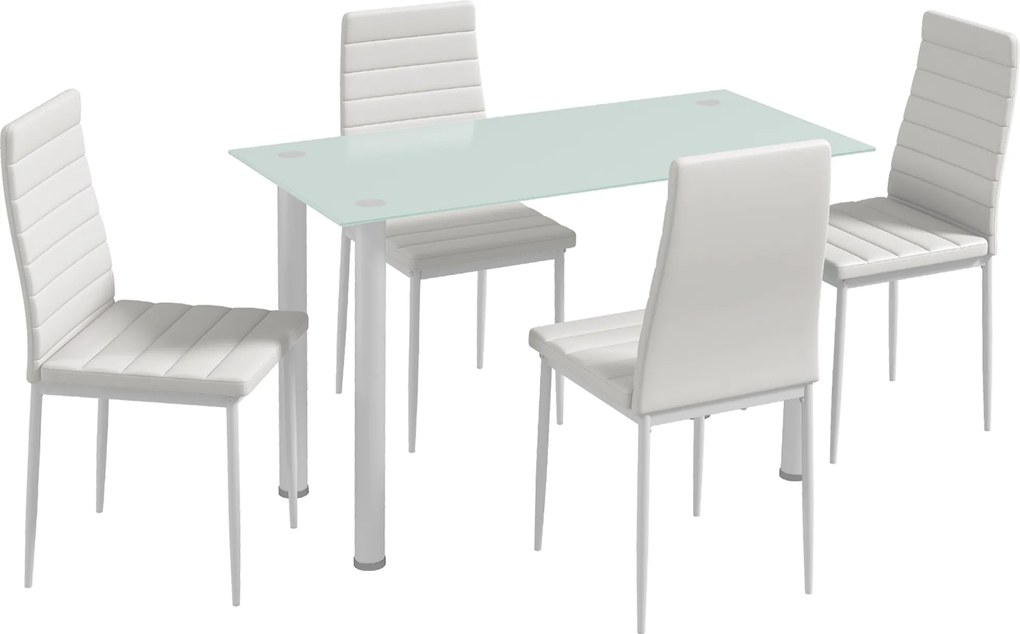 HOMCOM Conjunto de mesa de jantar com 4 cadeiras, tampo em vidro temperado, pés em aço, para cozinha e sala, branco | Aosom Portugal