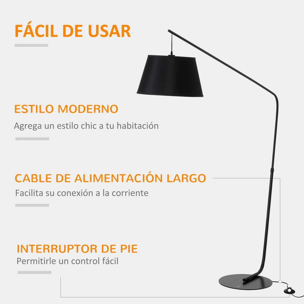 HOMCOM Candeeiro de Pé em Forma de Arco com Ecrã Suspenso de Tecido Suporte para Lâmpada E27 Máx. 40W e Interruptor de Pé Candeeiro de Pé Moderno para Sala de Estar Dormitório 143x40x182cm Preto