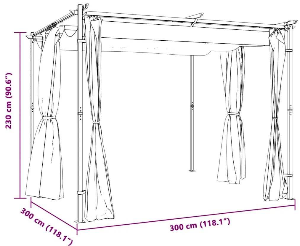 Gazebo com cortinas 3x3 m aço cinzento-acastanhado