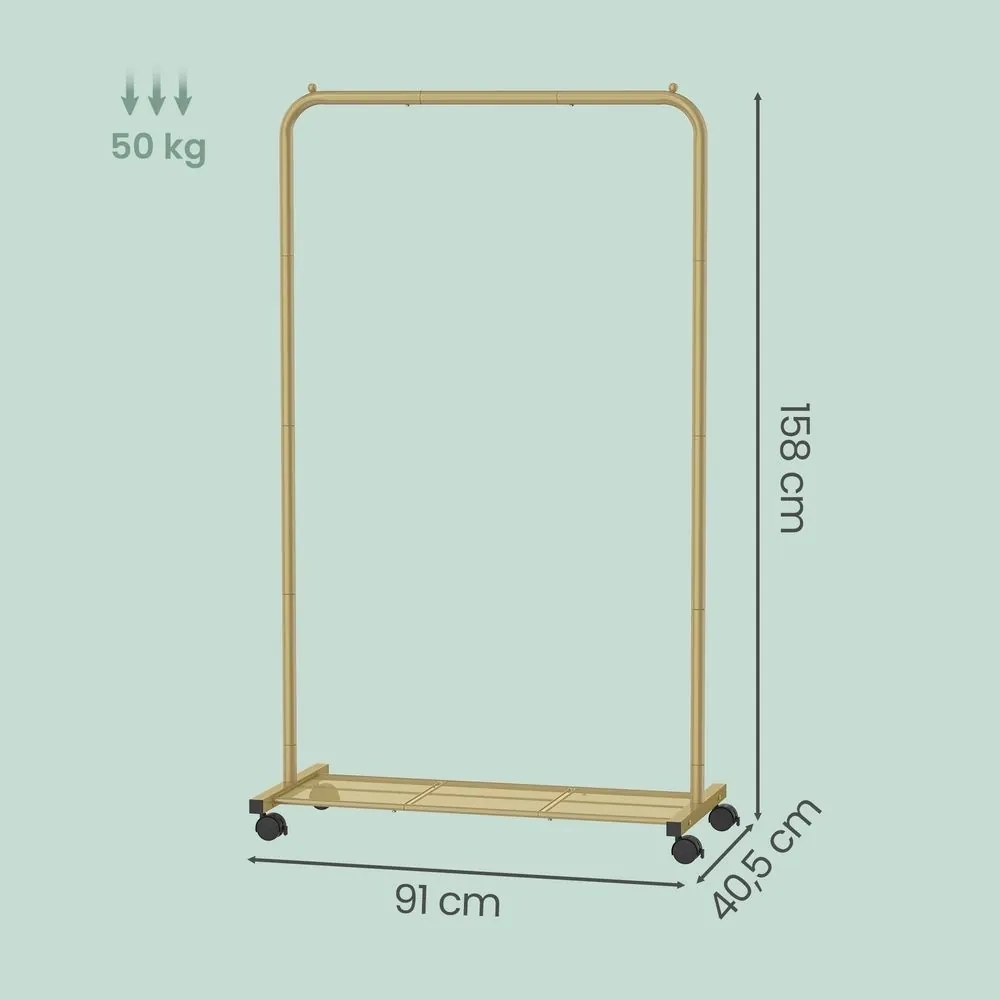 Guarda roupa aberto com rodas 40,5 x 91 x 158 cm, cabide com prateleira, 2 rodas com travão dourado