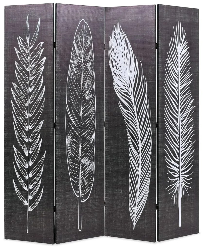 vidaXL Biombo dobrável com estampa de penas 160x170 cm preto e branco
