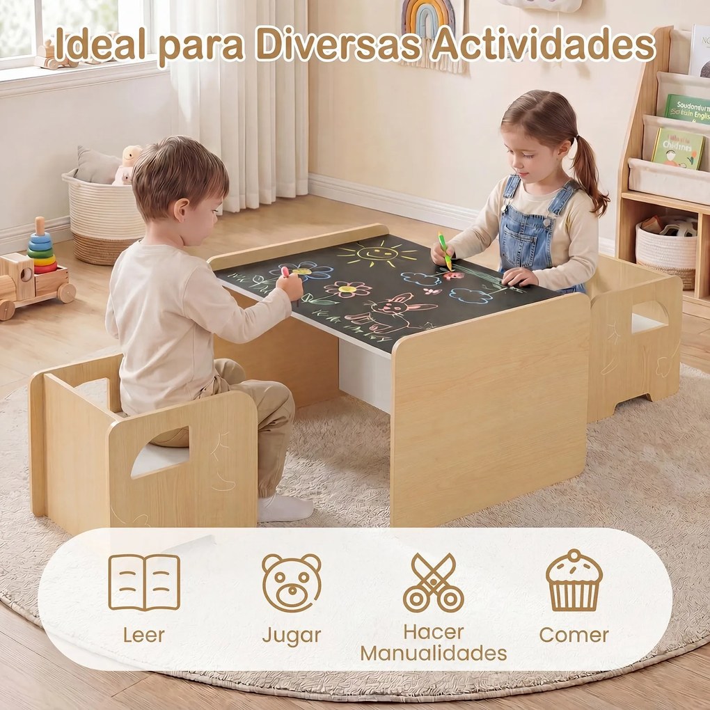 Conjunto de mesa e 2 cadeiras infantis com quadro de giz integrado e motivo de elefante em madeira, para crianças a partir dos 3 anos, sala de jogos/c