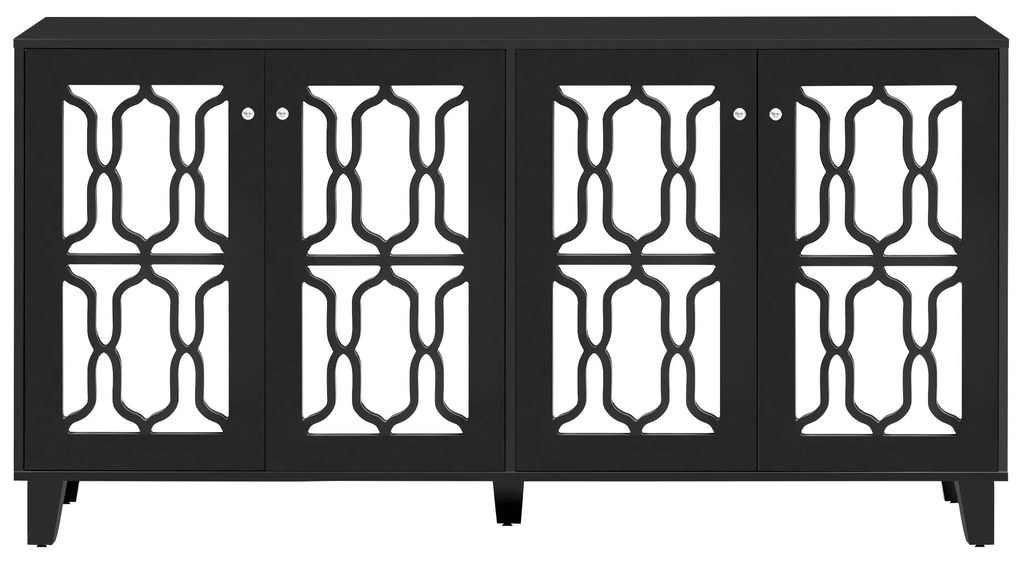 Aparador com Espelho e Puxadores de Cristal, 4 Portas e Prateleiras Móveis para Sala de Estar e Sala de Jantar,160x40x84cm, Preto