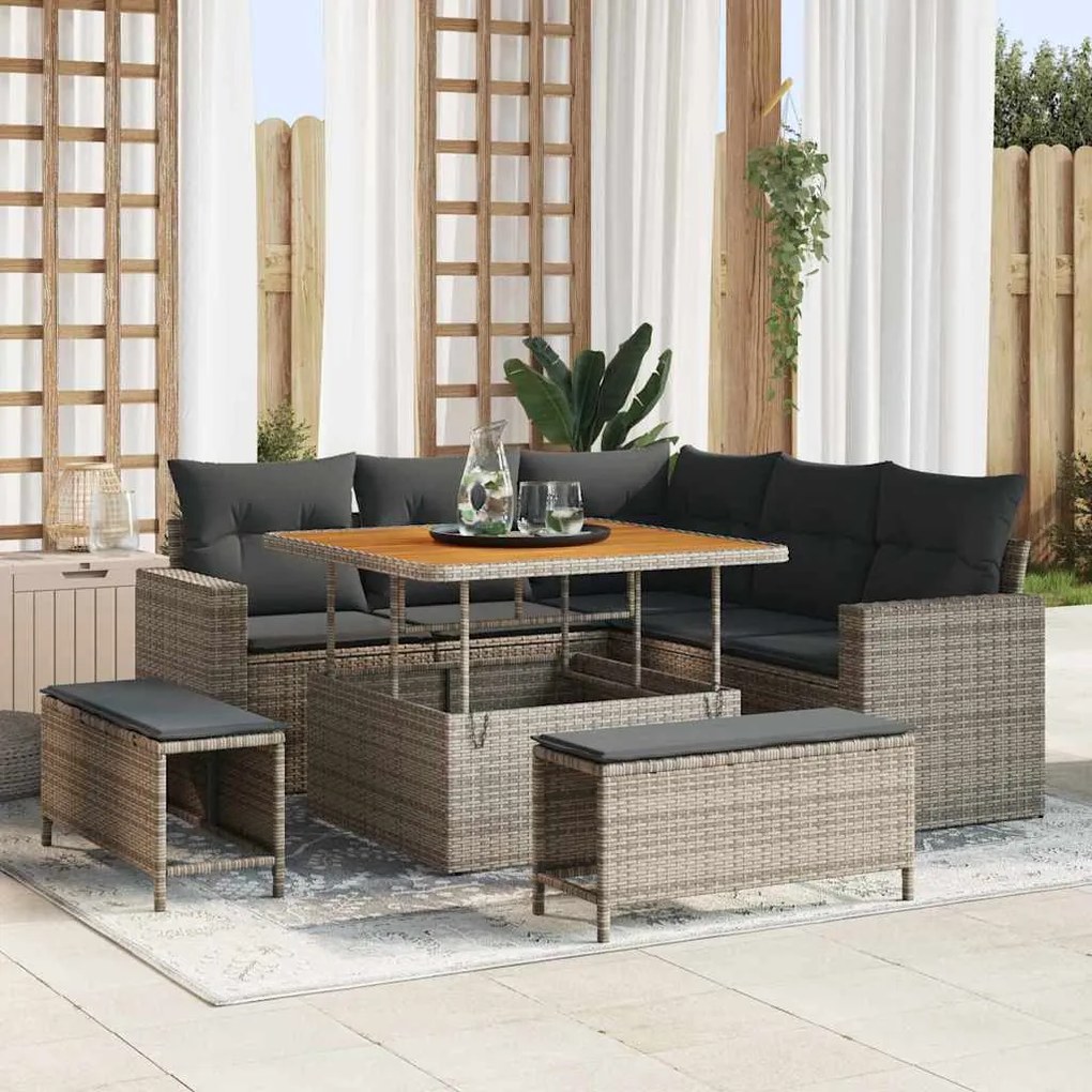 Conjunto de sofá de jardim de 8 peças com almofadas cinzas em rattan p