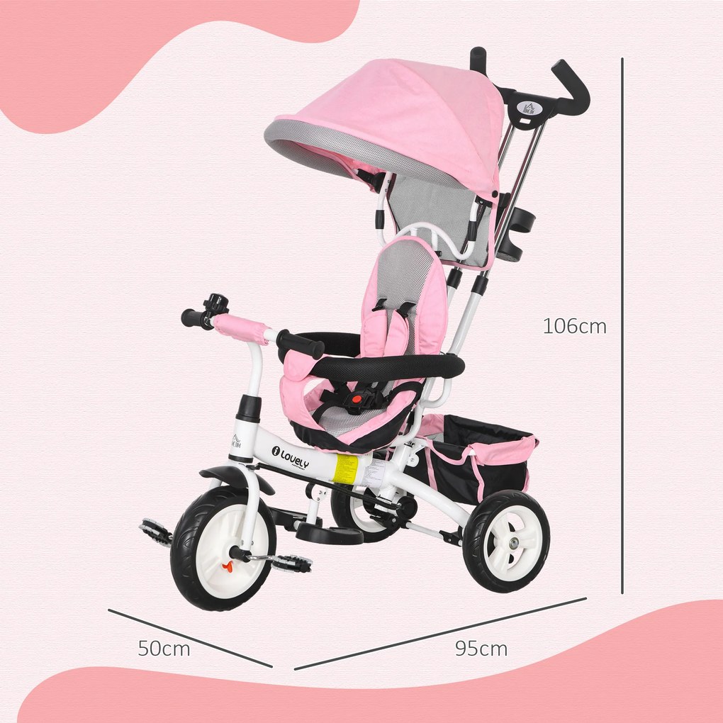 Triciclo Evolutivo para Bebés de +12 Meses 2 em 1 com Toldo Dobrável Guiador Cinto de Segurança e Cesto 95x50x106 cm Rosa