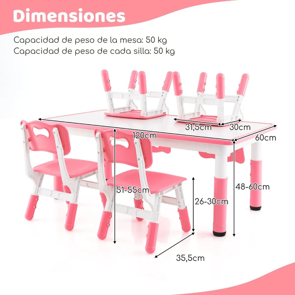 Conjunto de mesa para crianças e 4 cadeiras mesa regulável em altura com superfície de graffiti multifunções para arte e estudo Rosa