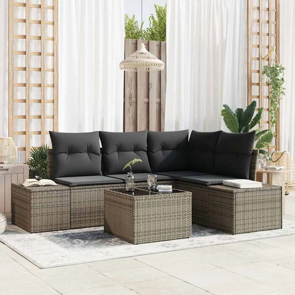 vidaXL Conjunto de Sofás de Jardim 5 Peças com Almofadas Cinzas em Rattan Sintético